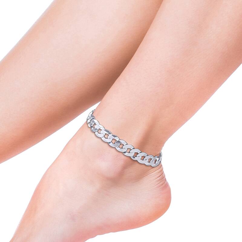 Miadora 9.3mm Diamond Cut Curb Bevelled Anklet in Sterling Silver-9 in