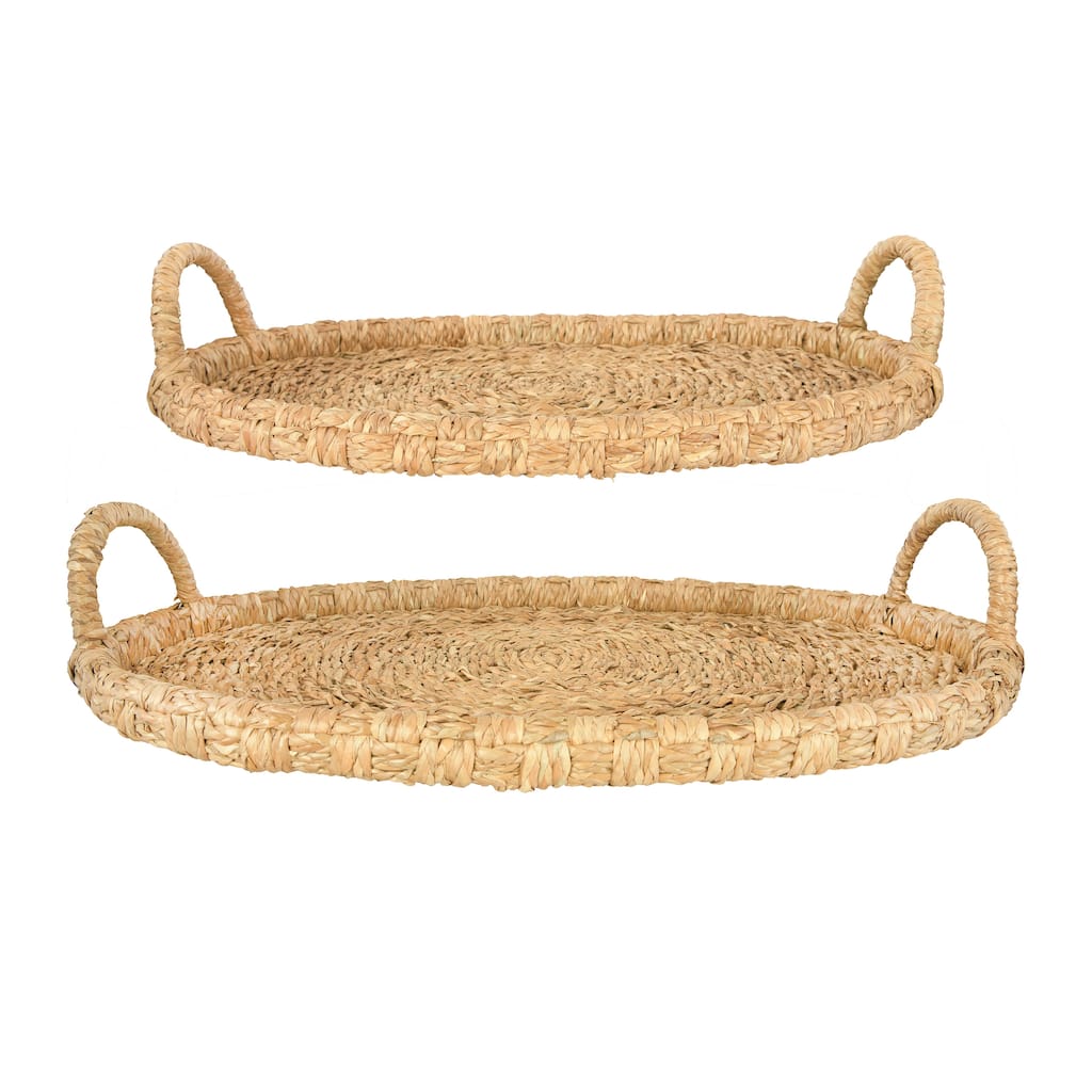 Decorative Handwoven 24" & 28" Oval Seagrass & Rattan Trays with Handles (Set of 2 Sizes)