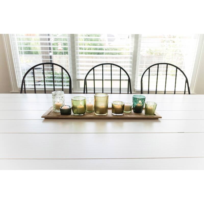 Wood Tray with 9 Blue & Green Glass Votive Holders
