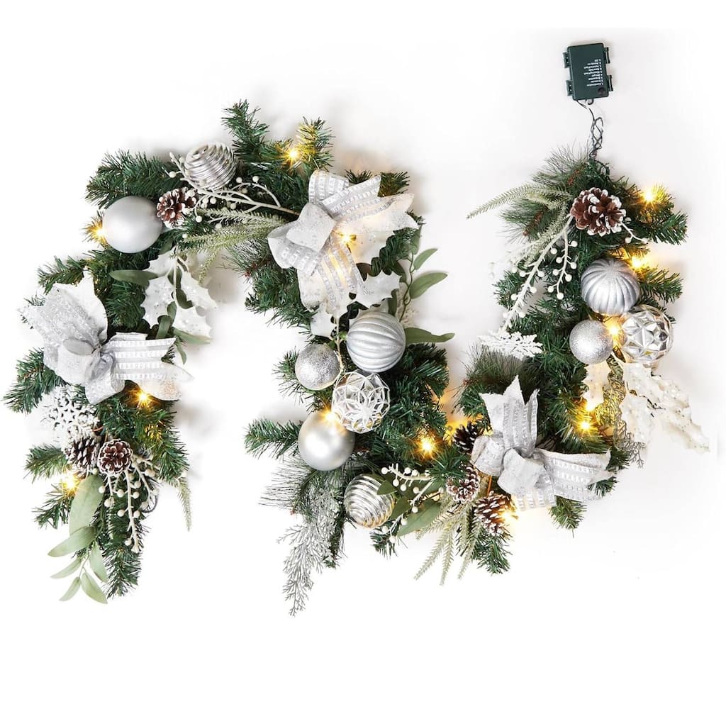 6Ft Christmas Garland with Lights Silver Ball Ornaments Pine Cones Ribbon Bows - N/A