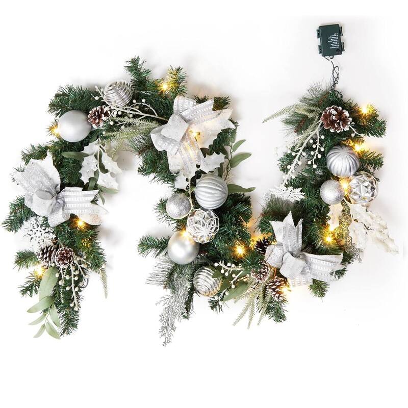 6Ft Christmas Garland with Lights Silver Ball Ornaments Pine Cones Ribbon Bows - N/A - Silver