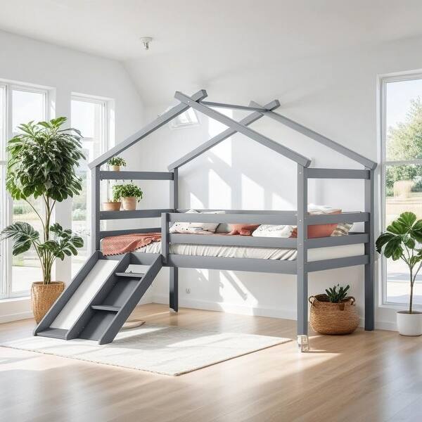 slide 2 of 12, Twin Low Loft House Bed with Slide, Ladder, Safety Guardrails, Grey Grey