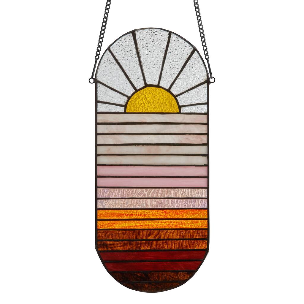 Sunset River of Goods Multicolored Stained Glass Oblong Window Panel