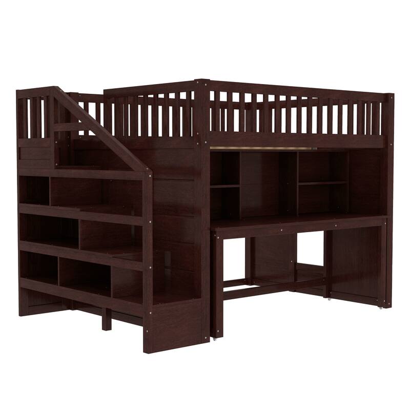 Espresso Loft Bed with Desk Bookshelf Storage Stairs Wood Loft Bed Frame