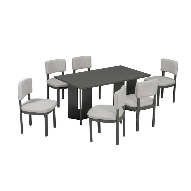 Roomfitters Farmhouse Dining Table Set for 6, 60" Rectangular Wood Table with Upholstered Chair & Cutout Legs