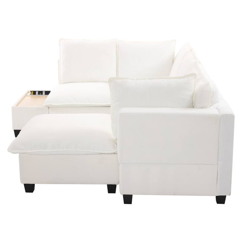 90" Chenille U-Shaped Sectional Sofa with Movable Ottoman, Coffee Table with Hidden Charging Devices, and Free Configurations