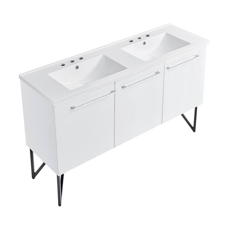 Annecy 60 In. White, Double Basin Bathroom Vanity With White, 3-Hole ArtificialStone Sink Top