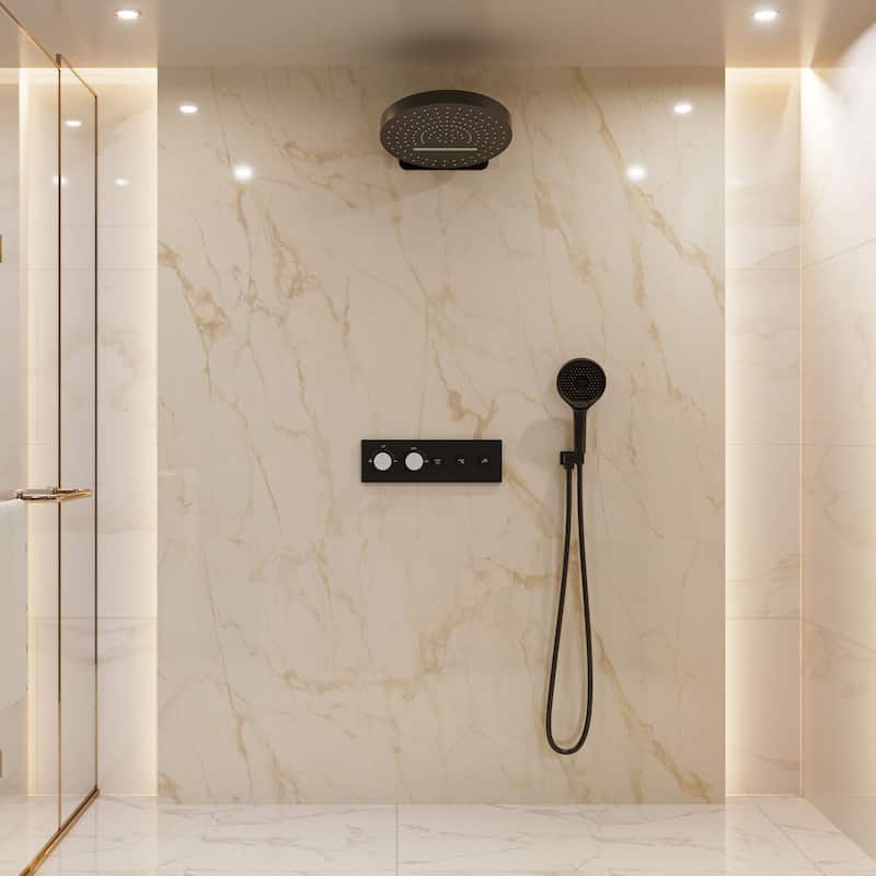Luxury Thermostatic Shower System 5-Spray Patterns 16" Round Wall Mount Fixed and Handheld Shower Head - 15.7" x 15.7"
