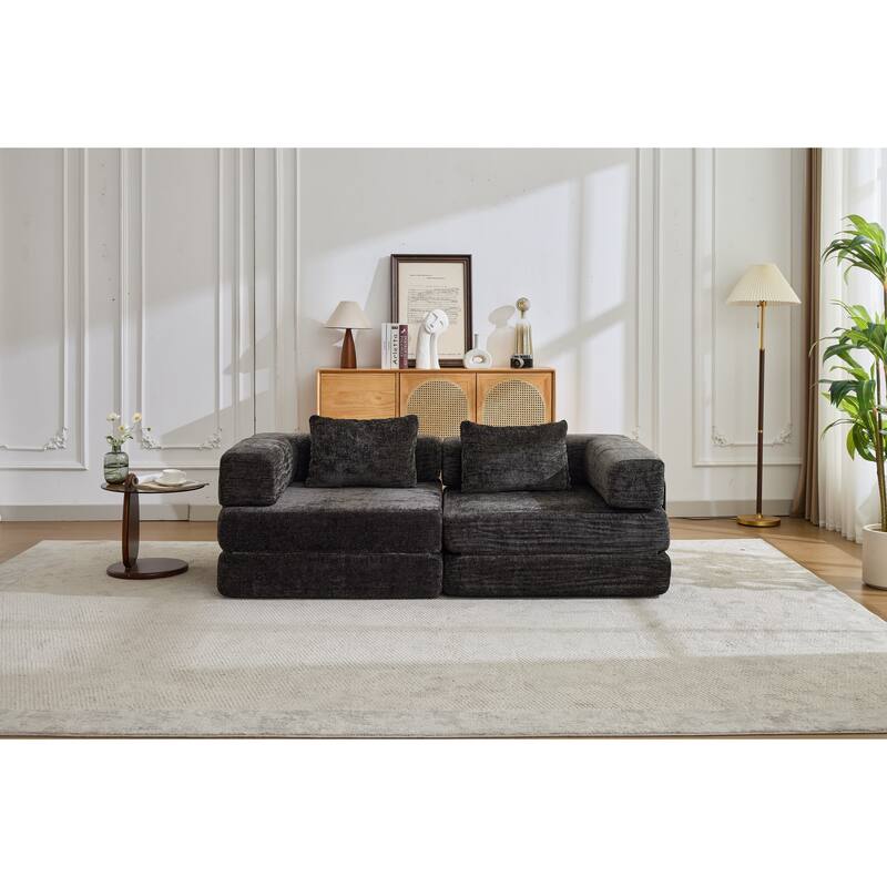 2-in-1 Foldable Sofa Bed Floor Sofa Couch with Armrests, Convertible Lounge Sofa for Living Room Bedroom