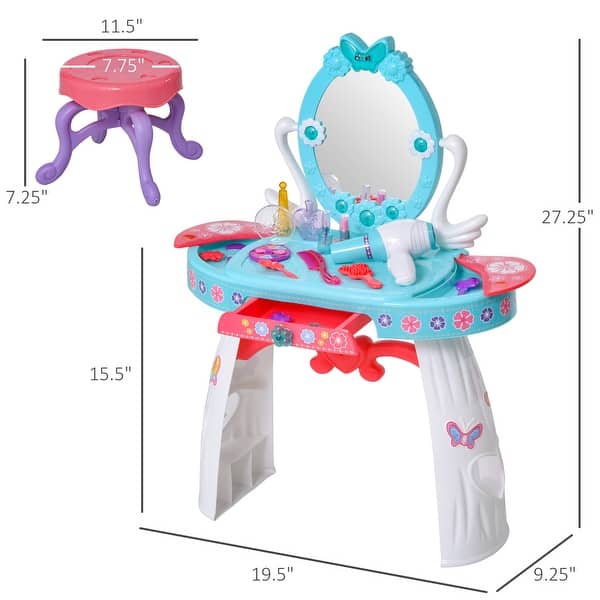 dimension image slide 2 of 3, Qaba Kids Vanity Makeup Table Set with Chair, Pretend Play Toy for 3 Year Old Girls and Above
