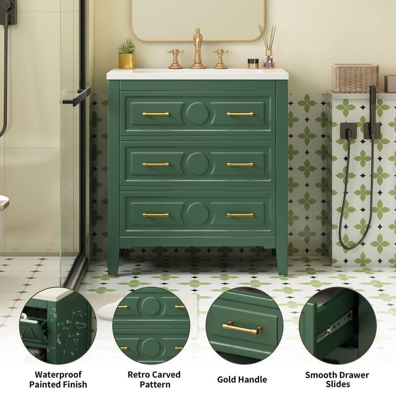 30 inch MDF Freestanding Bathroom Vanity Set in Green with Integrated Resin Sink