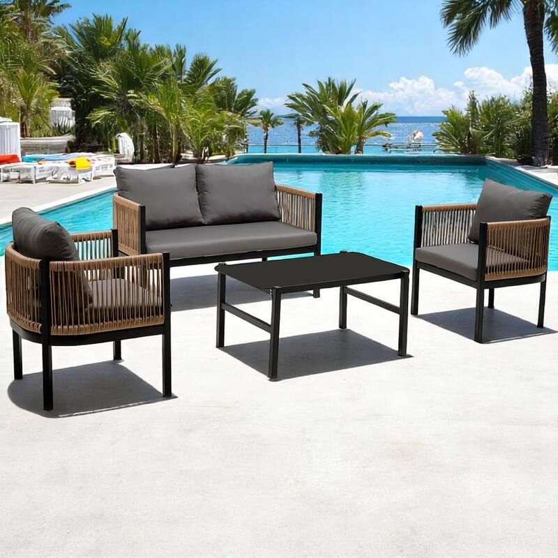 Modular Multi-Person Outdoor Sofa Set with Tempered Glass Table - Ideal for Garden, Backyard, and Balcony