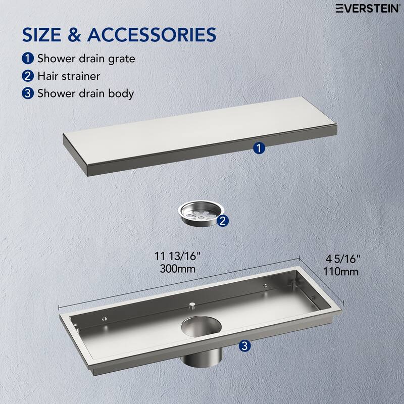 12-inch Linear Shower Drain With Solid Cover in Stainless Steel
