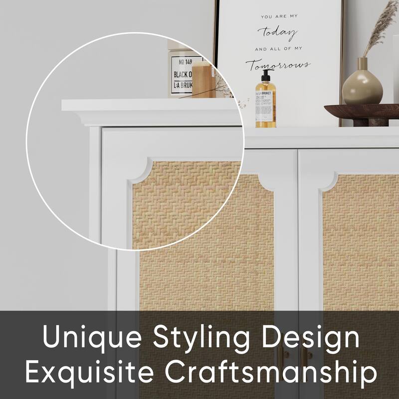 Roomfitters Coastal Storage Cabinet with Rattan Decorated Doors, Boho Sideboard Organizer with Adjustable Shelf, White