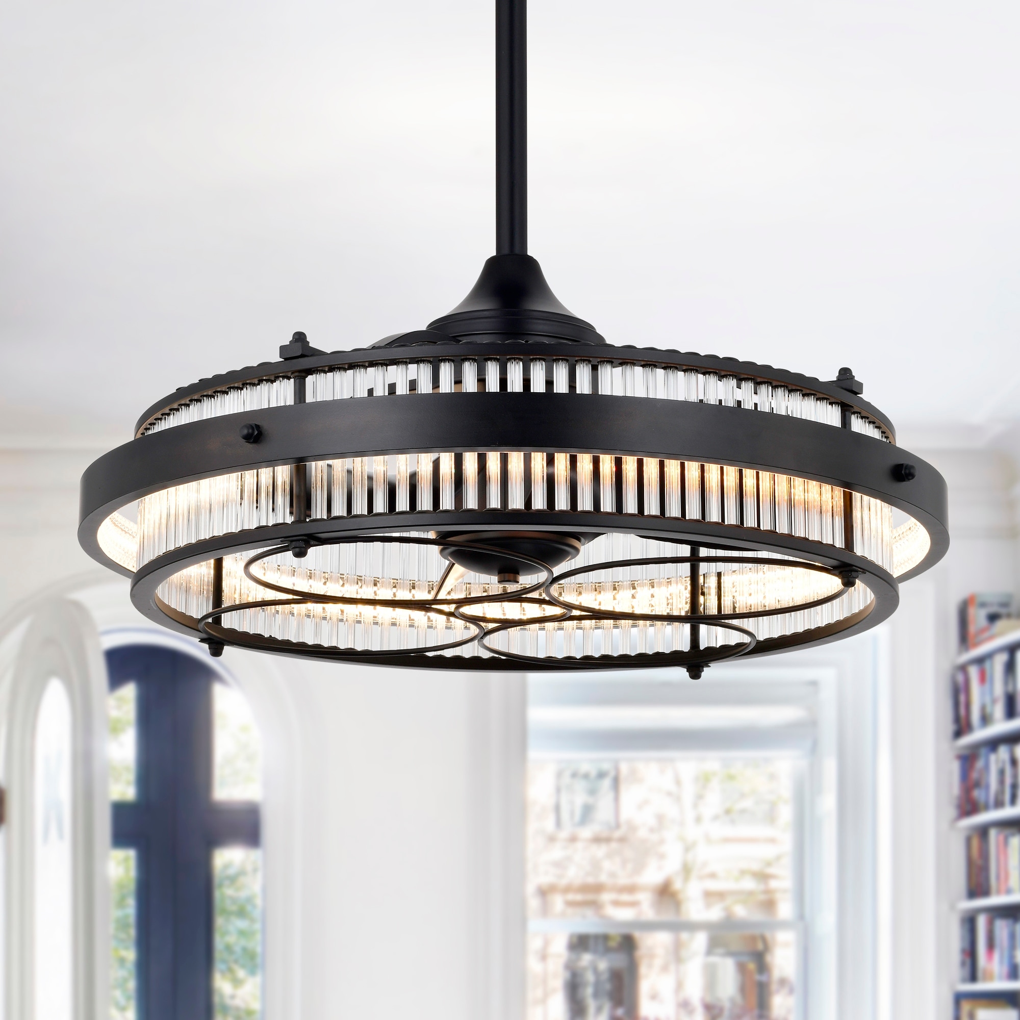 Warehouse of Tiffany Daciana 28 Inch Matte Black Finished Glam LED Ceiling Fandelier with Remote