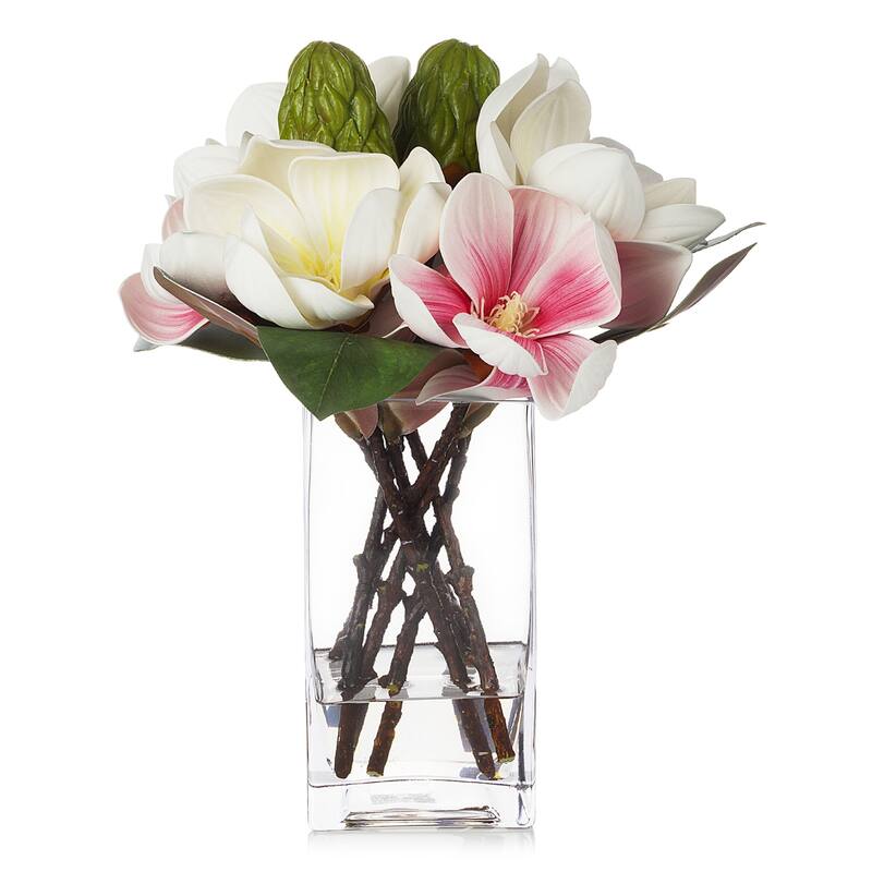 Enova Home Artificial Real Touch Magnolia Flowers Arrangement in Rectangular Glass Vase with Faux Water for Home Decór