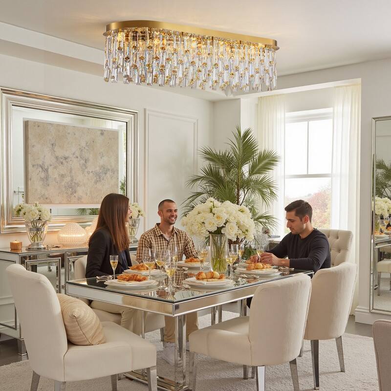 39.3 in. Brass Modern Luxury Crystal Chandelier Rectangular Flush Mount Ceiling Light for Dining Room Living Room