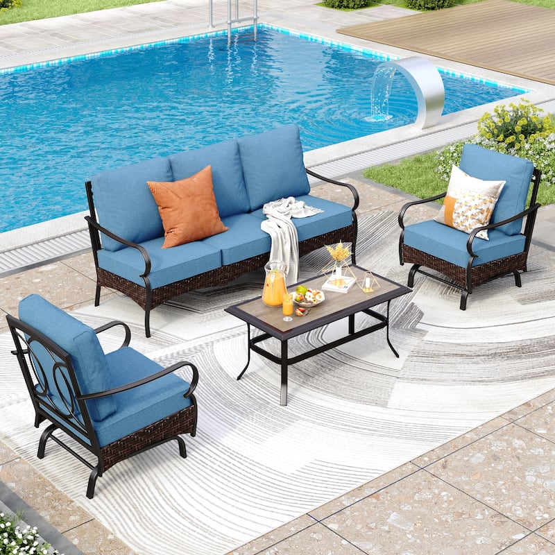 MAISON ARTS 4-Piece Rattan Wicker Patio Furniture Set with Swivel Chairs, Metal Frame & Coffee Table for Outdoor Spaces