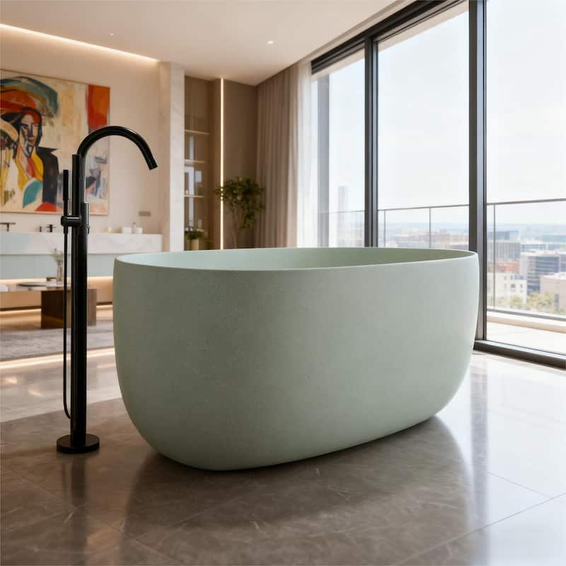 Solid Surface Freestanding Soaking Bathtub with Center Drain and Pop-up Drain, Modern Tubs with Overflow - 51.00 in. x 25.60 in. x 19.30 - Turquoise Green