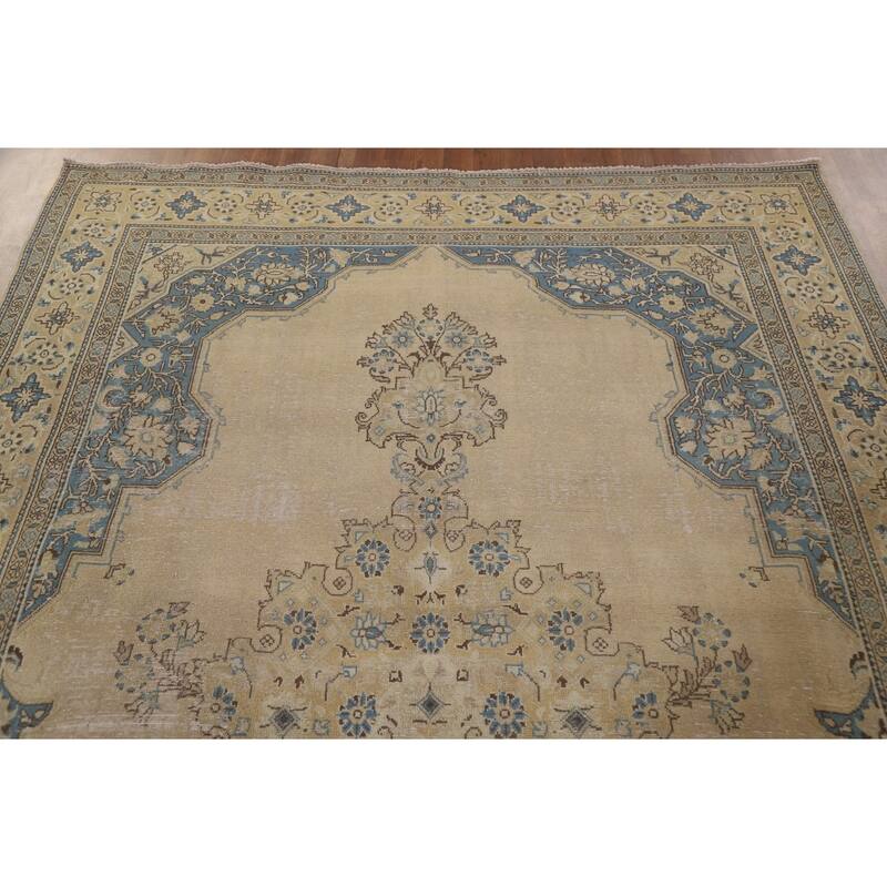 Hand Knotted Oriental 100% Wool Carpet Traditional Medallion Beige & Ivories Tabriz Area Rug - 10' 3'' X 6' 9''