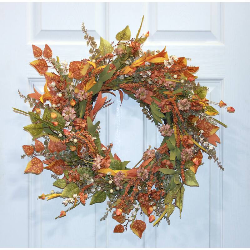 24" Artificial Fall Harvest Floral & Leaves Wreath on Natural Twig Base
