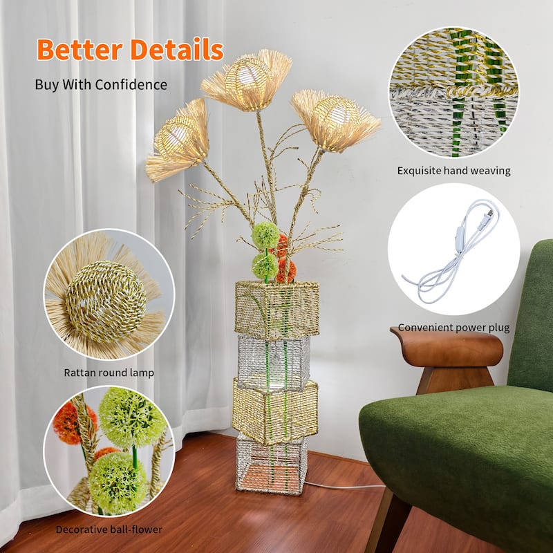 LED Bulbs Floor Lamp Pastoral Style with Hand-Woven Flower - W 10.83" x H 51.18"