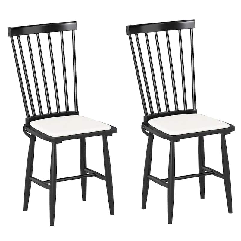 Set of 2 Windsor Dining Chairs with Cushioned Linen Seats and Solid Rubber Wood Frame - 20.5" x 16" x 38"