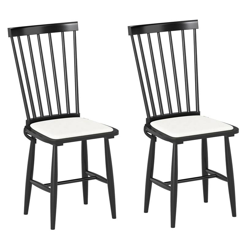Set of 2 Windsor Dining Chairs with Cushioned Linen Seats and Solid Rubber Wood Frame - 20.5" x 16" x 38"