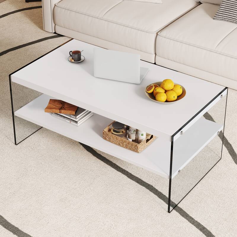 43.3" Modern Rectangular Coffee Table with Tempered Glass Legs and Storage Shelf