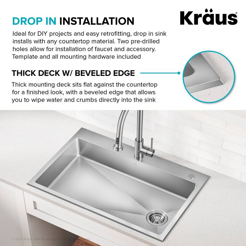 KRAUS Fairlane Drop In Top Mount 18 Gauge Stainless Steel Kitchen Sink