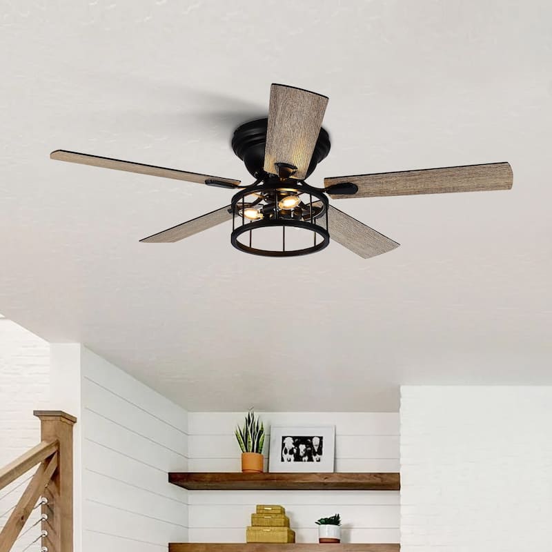 52" 5 Blade Flush Mount Ceiling Fan with Light Remote Control - 52 Inch - 52 Inch - Black - Remote