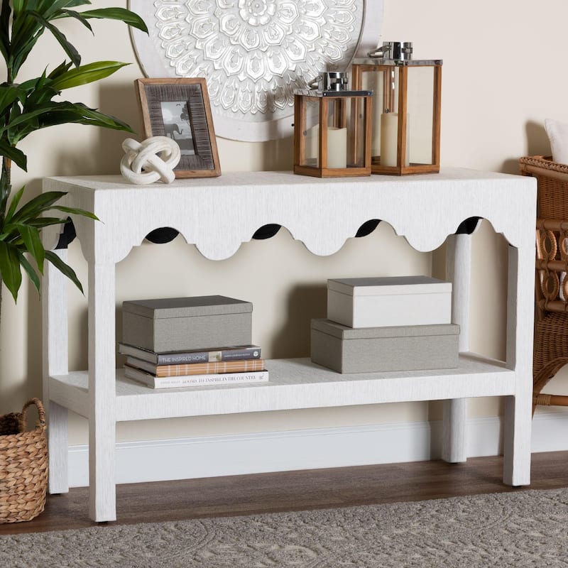Nolan Natural Grasscloth Console Table - Two-Tier Entryway Table with Scalloped Apron, Modern Coastal Accent Table