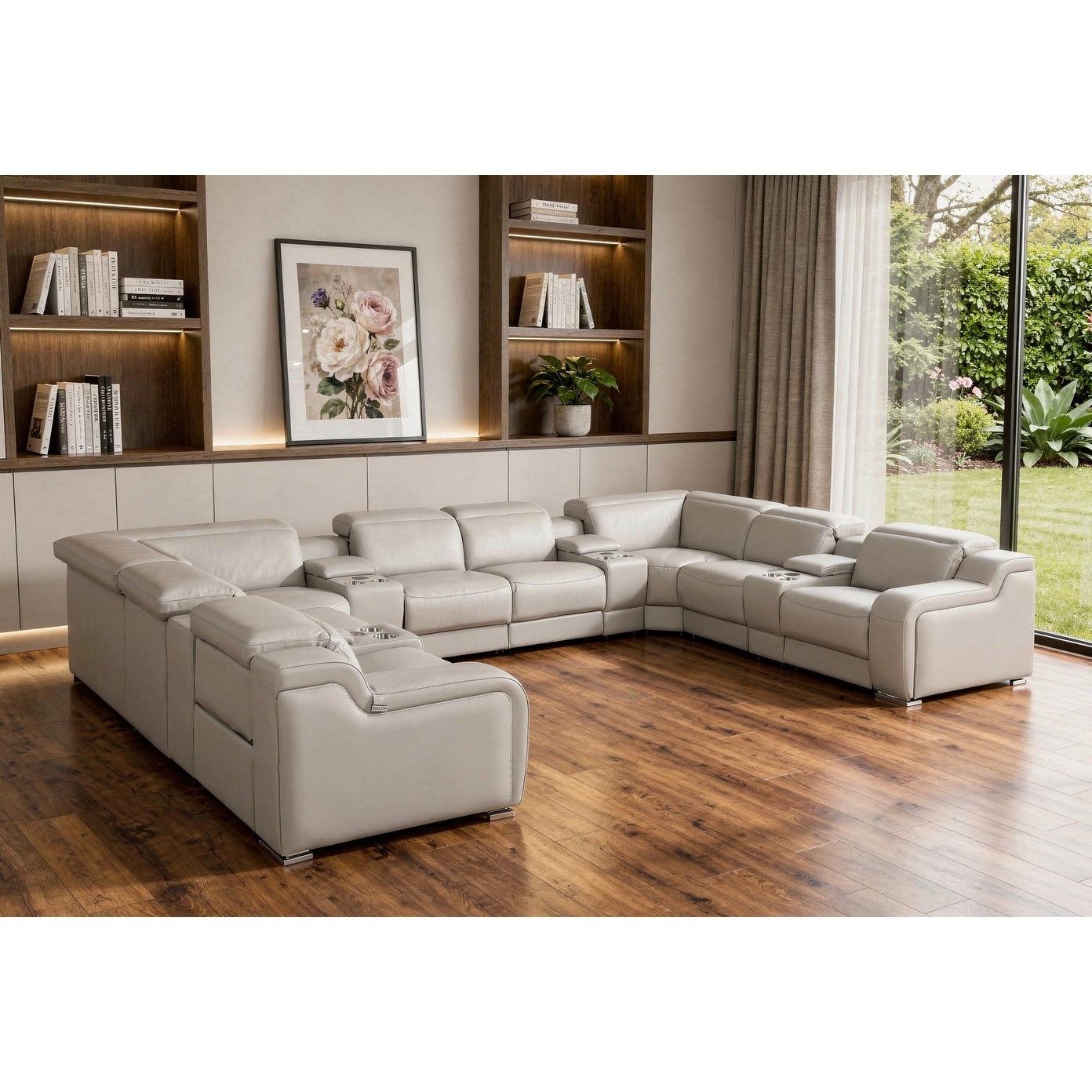 HomeRoots Light Gray Italian Leather Power Reclining U Shaped Twelve Piece Corner Sectional With Console