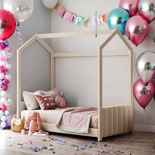 slide 2 of 16, Twin Size Velvet House Bed Wood Bed With Strips on Headboard for Home Beige