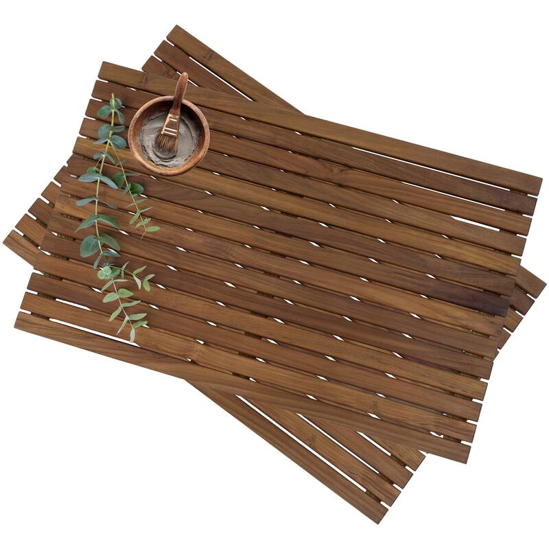 Sunnydaze Solid Teak Shower Mat - Spa-Inspired Slatted Bath Mat Set of 2