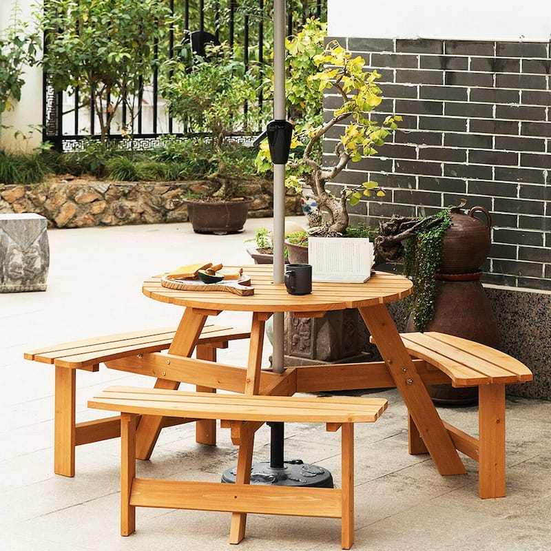 6 Person Outdoor Wood Picnic Set,Dining Table w/Benches,Umbrella Hole - 66.92"D x 66.92"W x 27.55"H(L x W x H)