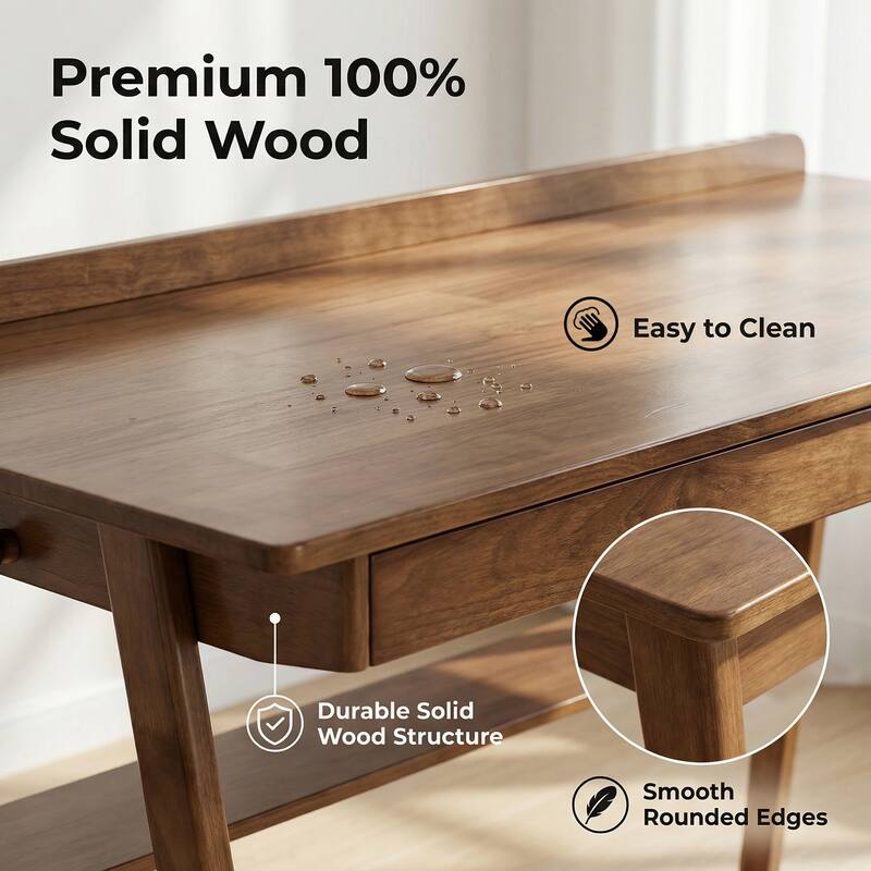 Anmytek Mid Century Modern Walnut Solid Wood Writing Desk with Drawers and Storage Shelf