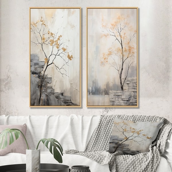 slide 2 of 7, Designart "Minimalism Calm River Forest" Forest River Framed Wall Art Set Of 2 - Traditional Beige Wall Decor 2 Pieces 25 in. wide x 28 in. high - Brown