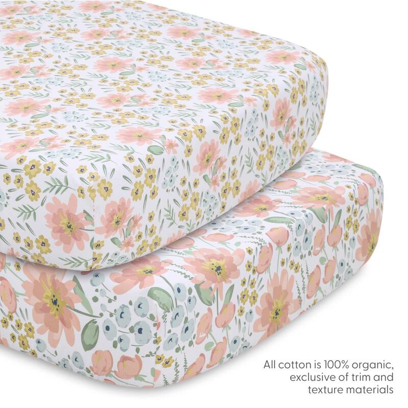 The Peanutshell Organic Cotton Crib Bedding Set for Baby Girls, Wildflower, 4 Pieces