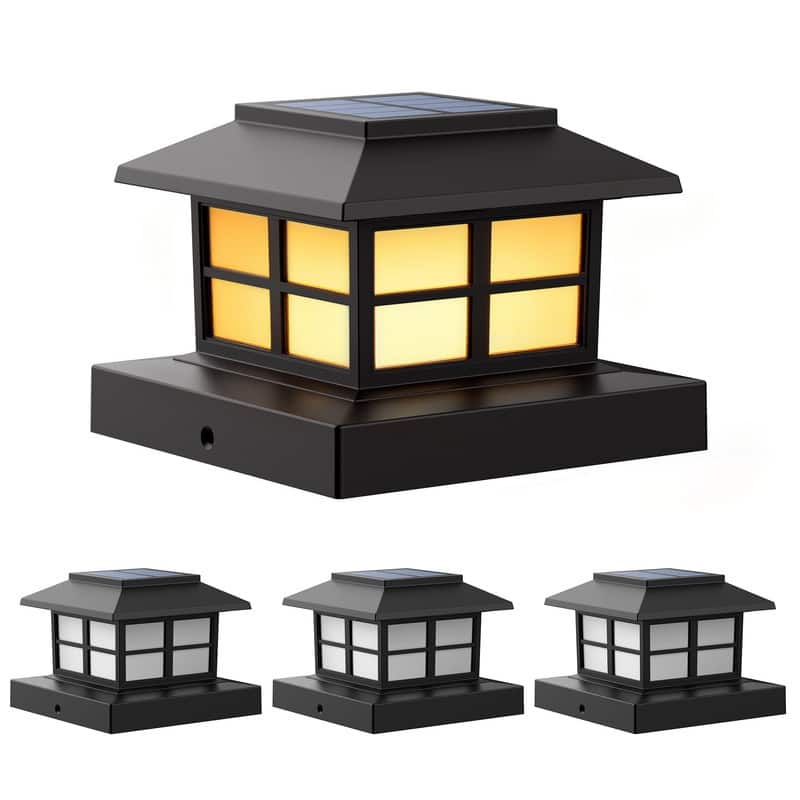 FKHouse Solar Warm White 4x4 5x5 6x6 Fence Deck Post Lights, Waterproof, Black - 4Pack