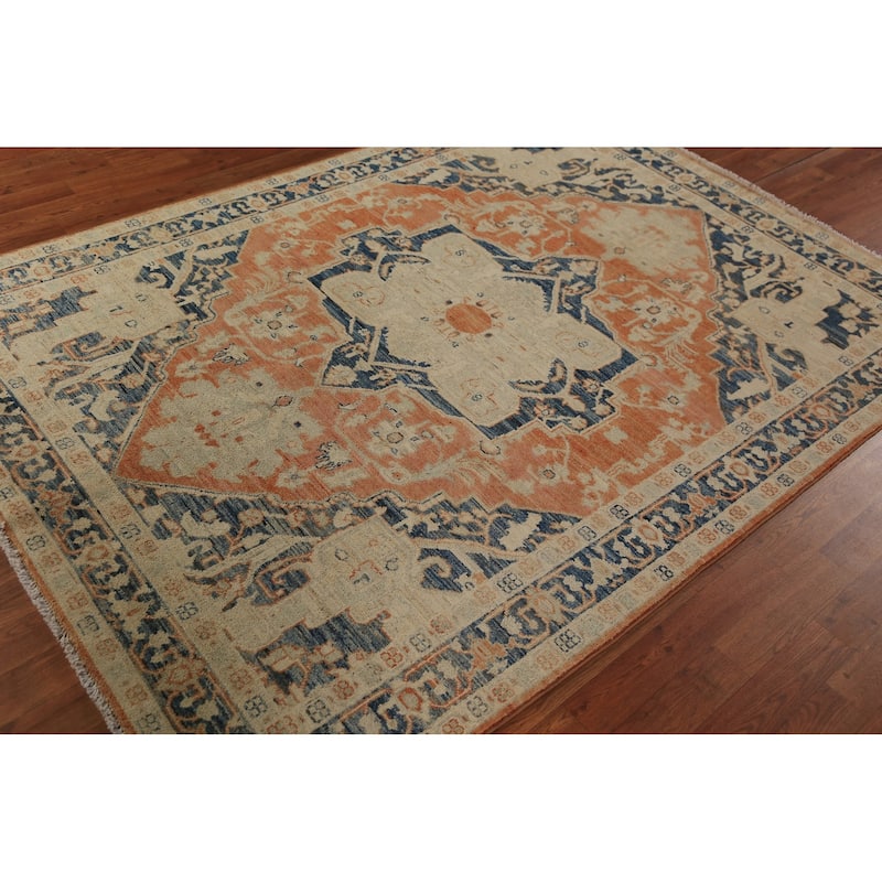 Orange & Blue Heriz Serapi Vegetable Dye Rug Hand-Knotted Wool Carpet - 5'5"x 7'7"