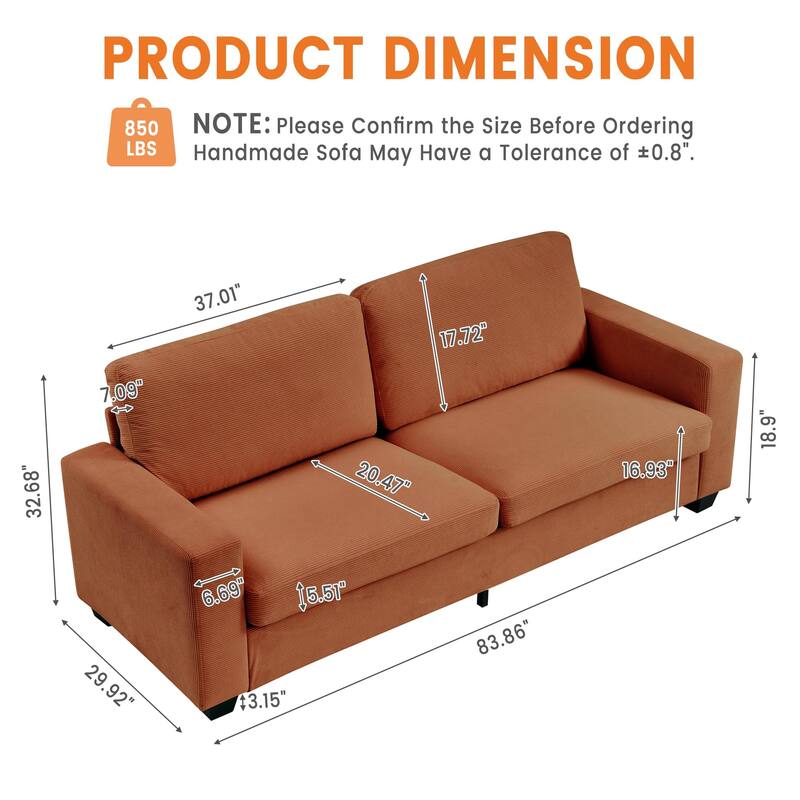83" Modern Sofa, Corduroy 3 Seater Deep Seat Couch with Wide Armrest, Removable Washable Cushion Cover, Comfy Sofa