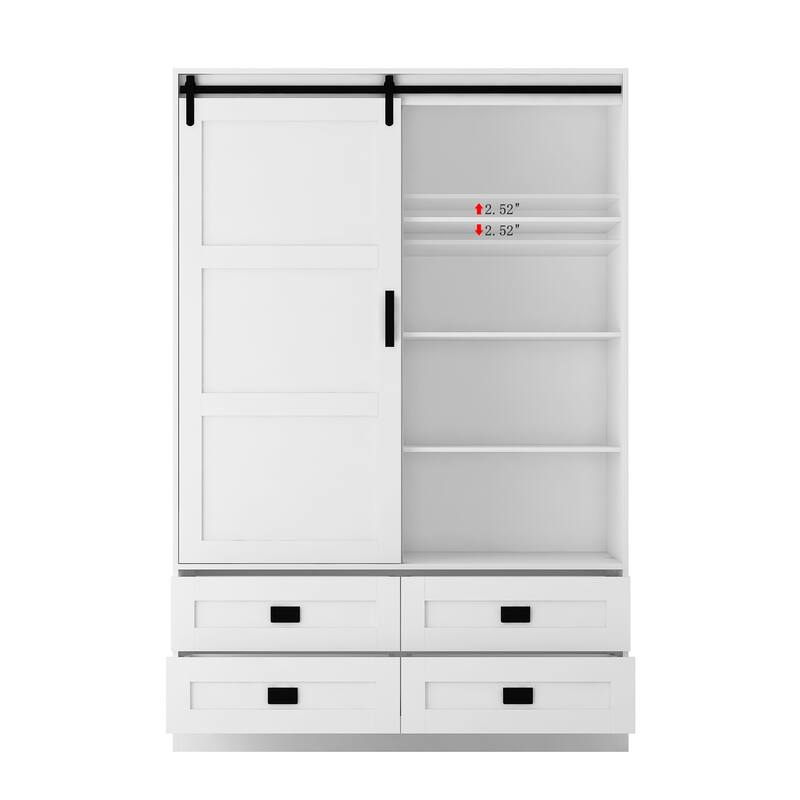 Classic Sliding Barn Door Wardrobe Bedroom Armoire Closet Clothing Storage Cabinet with Hanging Rod, Drawers & Open Shelves