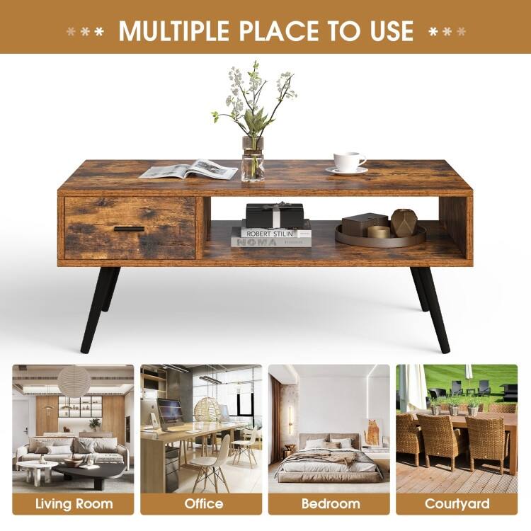 Mid-Century Coffee Table with Drawer and Open Shelf for Storage - 43" x 21.5" x 17.5"