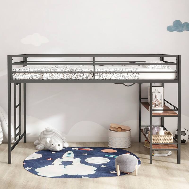 twin loft bunk black with Cinnamon wood shelf - Black-1 - Twin