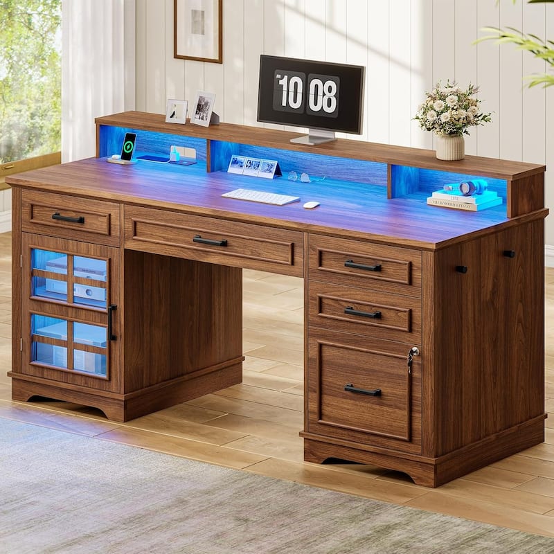 Executive Desk with Drawers Computer Desk File Drawers Power Outlet LED Lights Storage Cabinet