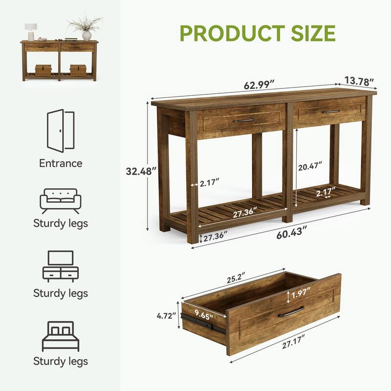 Console Table with 2 Drawers, Behind Couch Sofa Table for Entryway