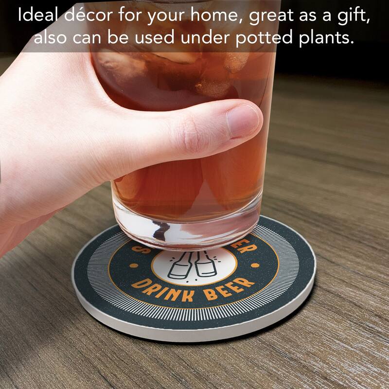 Save Water 4 Pack Absorbent Stone Coaster with Protective Cork Backing Made in The USA 4" Round, Easily Wipes Clean