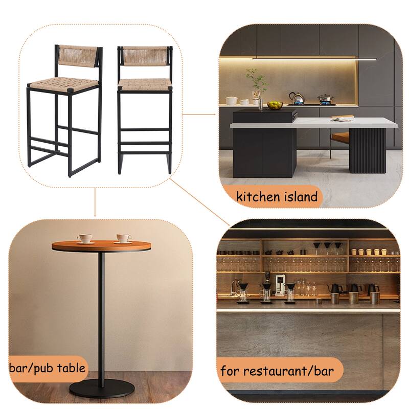 Paper Rope Woven Bar Stools Set of 2 Hand Weave Counter Stool with footrest for Kitchen Island, Dining Room