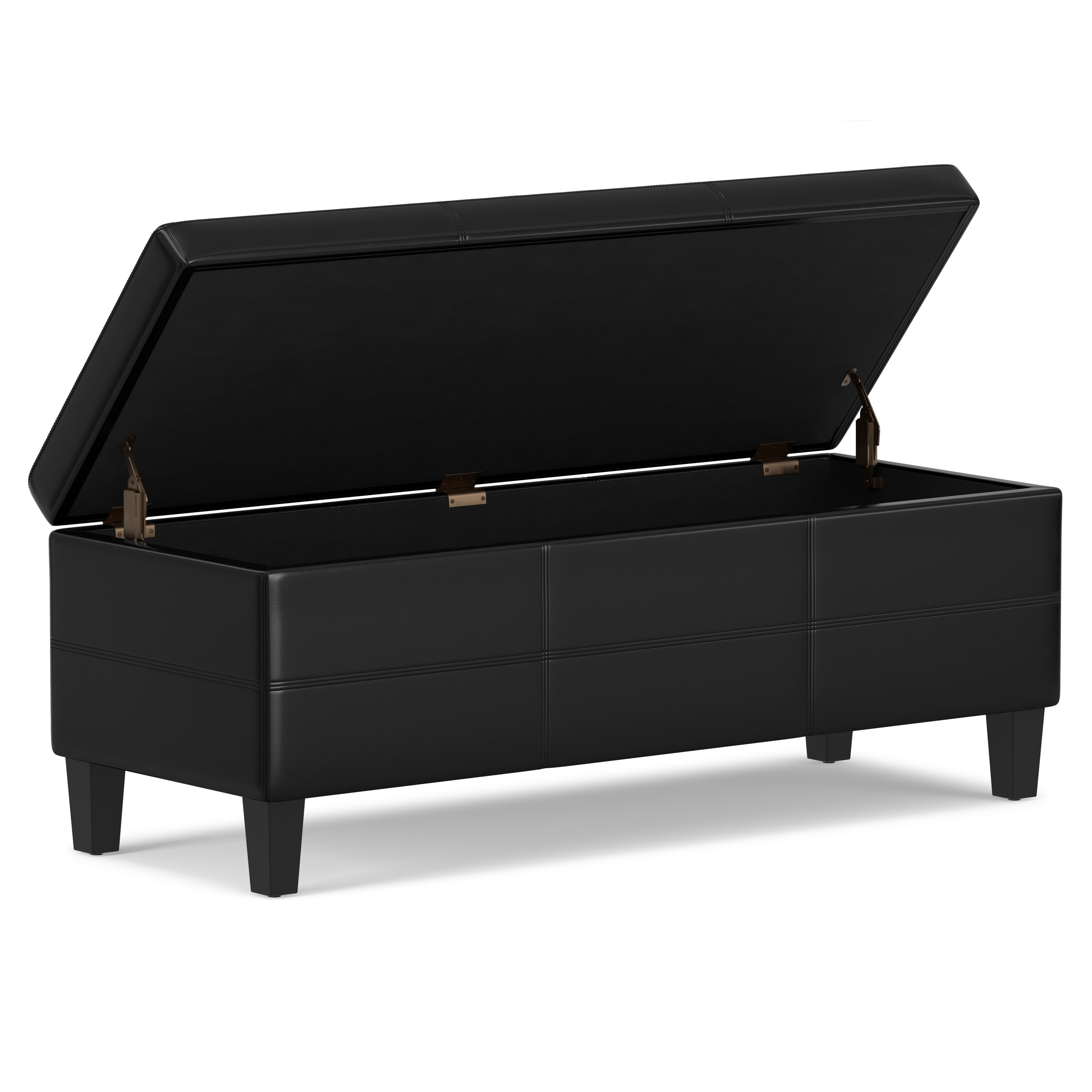 Top view of an ottoman bench with the lid open, revealing storage.
